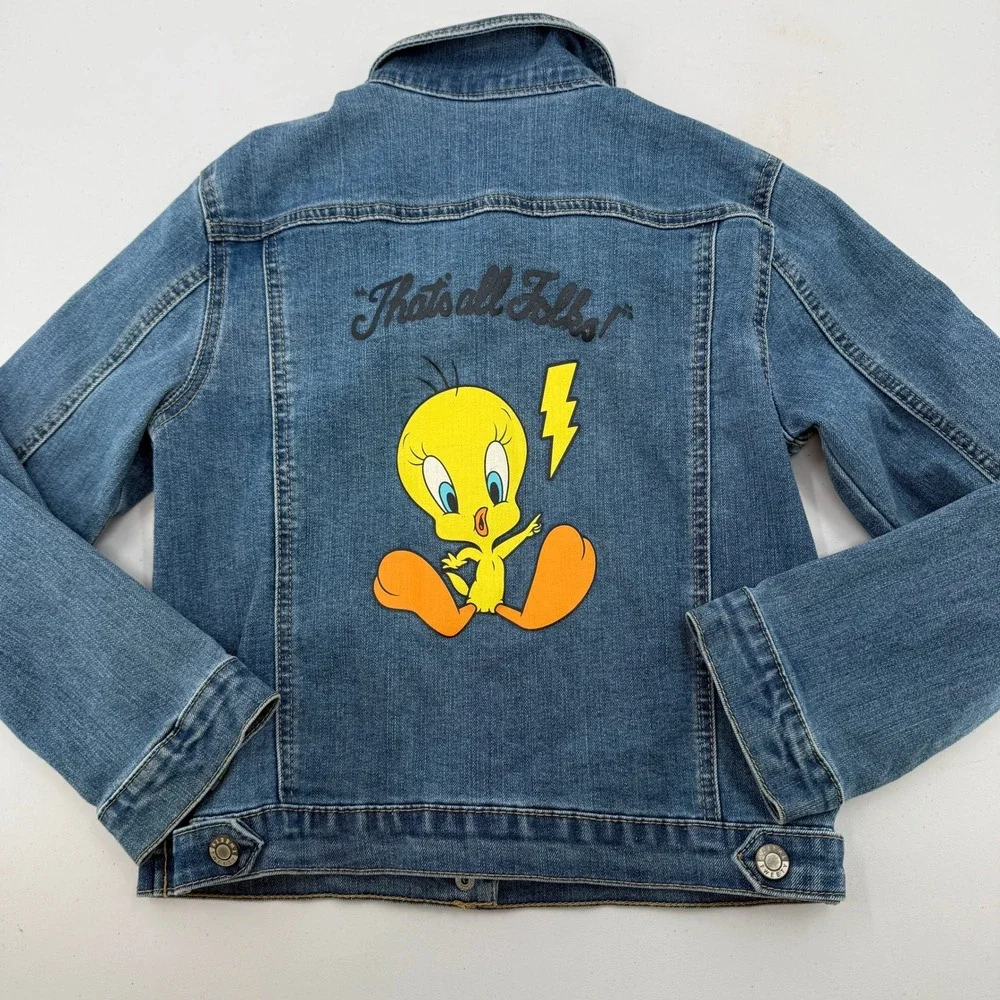Looney Tunes Denim Jacket Girls Size L 10/12 Blue Tweety Bird That's All Folks